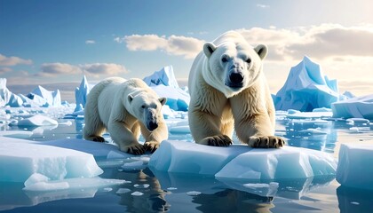 Two polar bears stand on ice floes in a blue arctic sea with icebergs under a cloudy bright sky