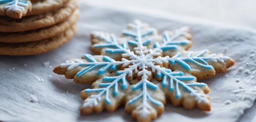 Snowflake cookies decorated with blue and white icing a stack of cookies in background