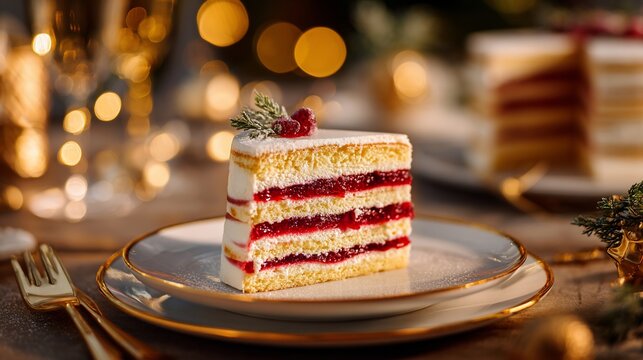 Slice of layered cake with berry filling, powdered sugar, evergreen sprig