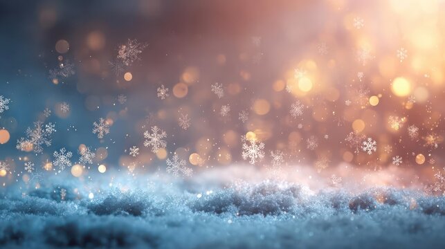 Magical winter wonderland with falling snowflakes and glowing bokeh lights creating a dreamy festive atmosphere