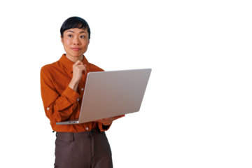 Asian woman holding laptop, thinking and contemplating, developing new ideas, problem solving on transparent background