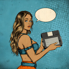 Comic book woman looks over her shoulder while holding a vintage device with speech bubble background