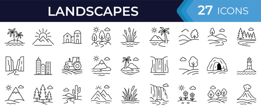 Landscape line icon set. Vector illustrations of nature and city scenes including mountains, beaches, forests, deserts, waterfalls, islands, hills, and urban skyline in thin linear style