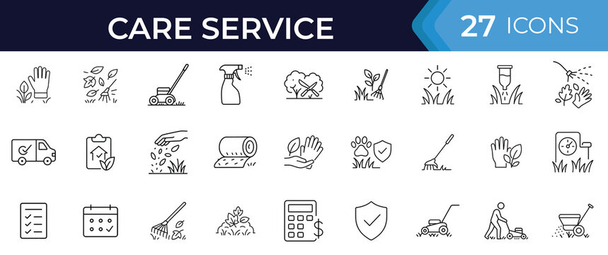 Lawn care line icon set. Vector illustrations of yard work, mowing, trimming, weed control, seeding, leaf cleanup, irrigation, gardening, and landscape maintenance in thin linear style