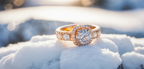 Diamond ring with rose gold band rests on fresh snow with sunlight glinting