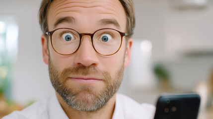 Surprised man with glasses and a beard is looking at a smartphone, showcasing a moment of astonishment in a bright, modern indoor setting with soft lighting