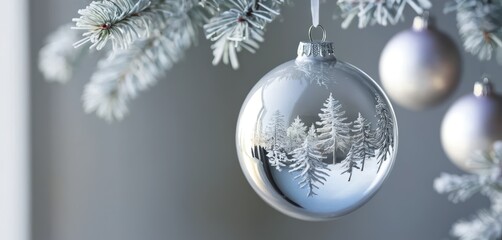 Clear glass Christmas ornament with frosted evergreen trees reflected hanging on a frosted pine branch