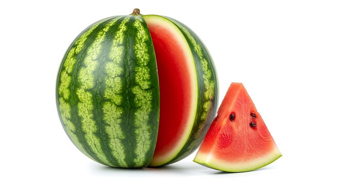 Whole watermelon with a slice and red flesh