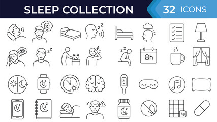 Sleep hygiene line icon set. Vector symbols of night routine, sleep disorder, rest quality, insomnia, apnea, supplement, schedule, thin linear illustration
