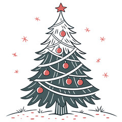 Hand drawn christmas tree with red ornaments and star