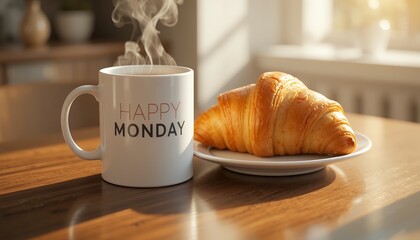 steaming hot coffee mug next to golden fresh croissant on wooden table in warm morning light