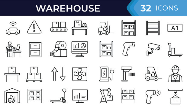 Warehouse operations line icon set. Vector symbols of logistics tools including barcode scanner, shelving, conveyor, forklift, pallet, crane, label, storage thin linear illustration