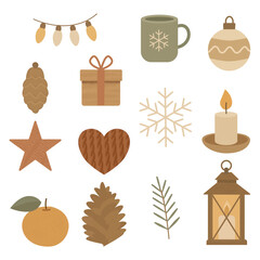 Cozy Christmas elements in warm beige and brown tones: mug, candle, gift, snowflake, lantern, pinecone, and heart. Perfect for winter holiday decoration and design.