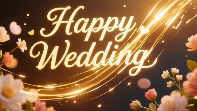 Wedding Elegant Intro. Soft romantic intro featuring golden light streaks, Happy Wedding text animation, and floral elements for wedding video openers