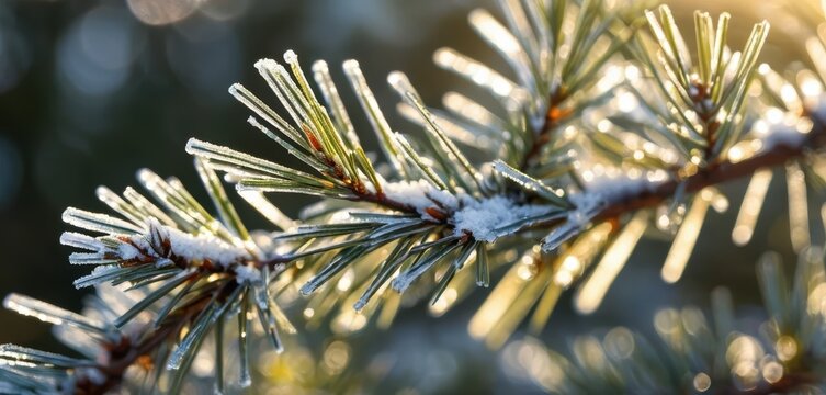 Close up of pine needles covered in frost and snow with warm sunlight filtering through