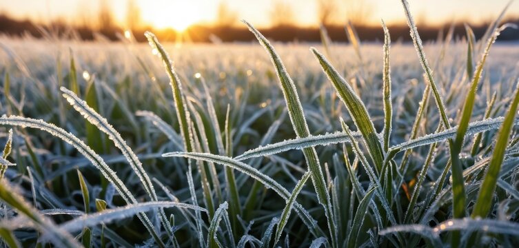 Close up of green grass blades covered in frost with a soft golden sunrise in the background - Powered by Adobe