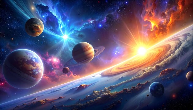 Vibrant, colorful depiction of a dynamic celestial space scene, featuring planets, nebulae, and luminous stars