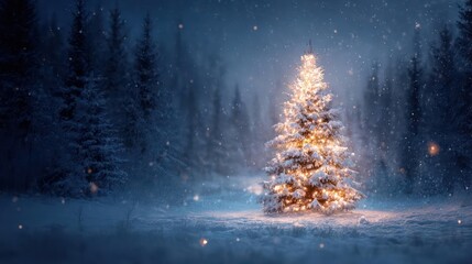 Magical glowing christmas tree illuminated with warm lights in a snowy winter forest at night