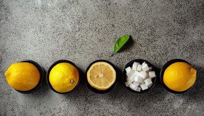Fresh, juicy lemons and sugar cubes in small black bowls on a gray stone table.