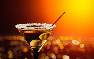 Glass of Martini with green olives.