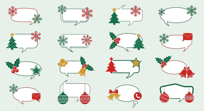A festive collection of Christmas speech bubbles and holiday message frames decorated with winter icons for seasonal greetings