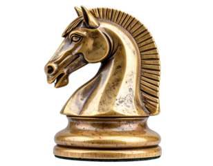 A detailed antique brass chess piece shaped like a horse head knight isolated on transparent background