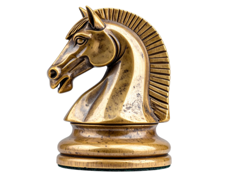 A detailed antique brass chess piece shaped like a horse head knight isolated on transparent background