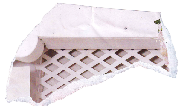 A close-up view of a torn piece of paper revealing a white lattice texture with diamond-shaped openings. The texture is layered and appears to be part of a decorative element or surface.