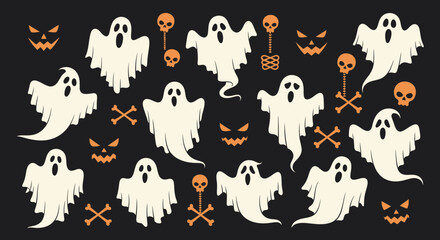A spooky collection of Halloween ghost characters, scary pumpkin faces, and skulls arranged in a festive pattern on a dark background