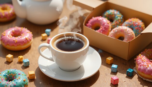 Steaming cup of coffee with colorful sprinkled donuts arranged on wooden table in cozy setting