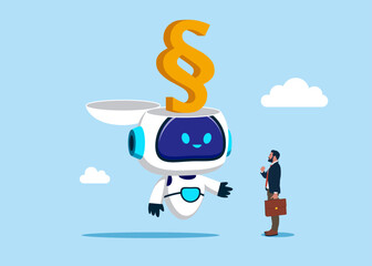 Open robot head to see symbol of paragraph. Protecting workers' rights when dismissed from work. Artificial intelligence. Flat vector illustration