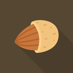 Almond nut emerging from shell on dark brown background