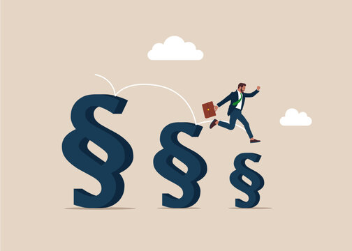 Businessman jumping from big to the small symbols of paragraph. Support is falling and decreasing.  Lawyer and advocate services. Flat vector illustration. 