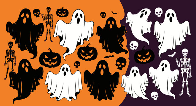 Spooky Halloween Ghost Illustrations with Pumpkins and Skeletons for a Festive Celebration