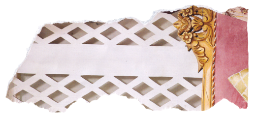 A close-up, torn edge view of a white fabric with a diamond pattern and a decorative gold trim. A portion of a pink fabric is visible to the right, suggesting interior design or upholstery elements.
