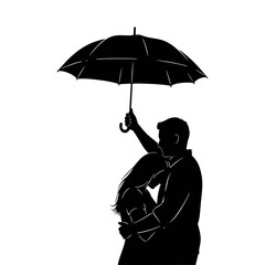 The silhouette of a couple sharing an umbrella