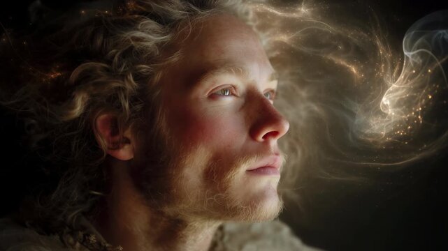 Majestic profile portrait of a handsome young man with long blond hair contemplating a spiritual or divine event, his face illuminated by a warm, ethereal light against a dark background