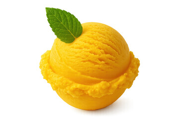 Yellow mango sorbet scoop with mint leaf