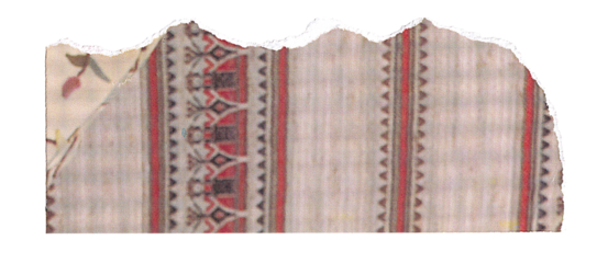 A fragment of torn textile featuring intricate patterns with vertical red and black striped bands and scattered floral motifs on a light background, showcasing a historical or artisanal fabric.
