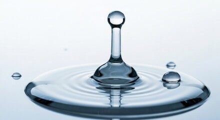 Water droplet impact creates ripples on light blue surface, close-up macro shot