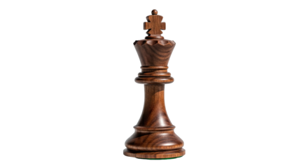 A Detailed Studio Portrait of a Dark Brown Wooden Chess King Piece on a Black Background with Subtle Lighting Highlighting its Intricate Carvings and Texture