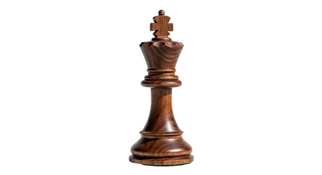 A Detailed Studio Portrait of a Dark Brown Wooden Chess King Piece on a Black Background with Subtle Lighting Highlighting its Intricate Carvings and Texture