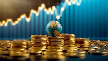 Small glass globe on top of stacked gold coins with rising stock market chart in blue background - Powered by Adobe