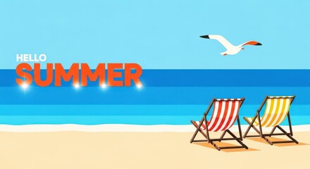 A serene beach scene with two empty deck chairs facing the ocean under a clear blue sky, with the word summer prominently displayed, inviting relaxation