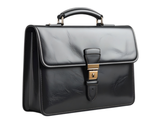 Classic black leather briefcase with a golden buckle and handle isolated on transparent background