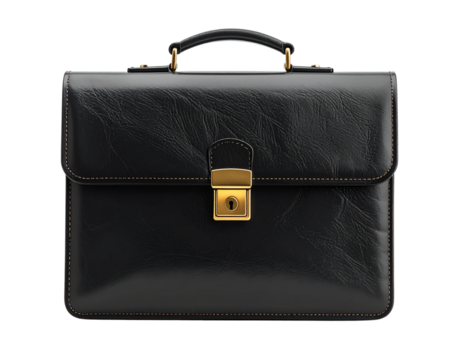 Classic black leather briefcase with golden latch for business professionals isolated on transparent background