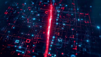 Bright red laser beam cutting through glowing blue circuit board pattern with digital data streams - Powered by Adobe