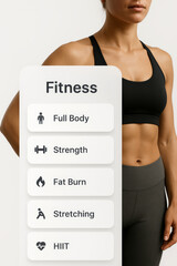 Mobile fitness app page on a background of a fit female.