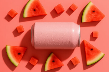 Cuts of ripe watermelon and blank label pink juicy can