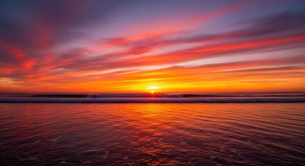 Fototapeta premium Vibrant Ocean Sunset with Dramatic Golden Hour Sky and Water Reflection